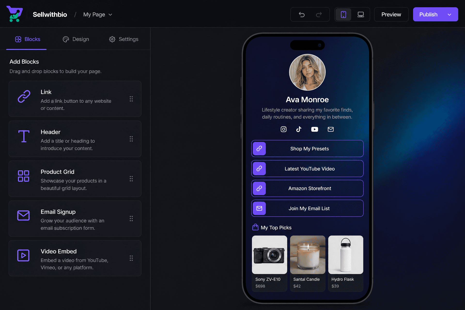 The drag-and-drop page editor in Sellwithbio, showing how a creator can build their custom storefront.